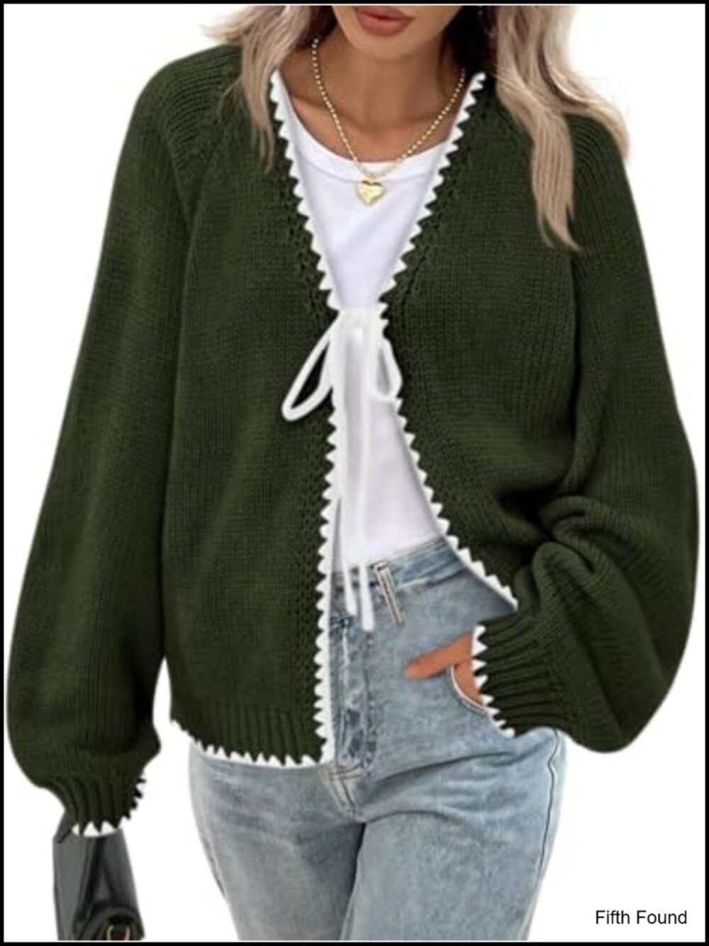 Women's Cardigan Sweater Front Tie Puff Long Sleeve V-Neck Oversized Knit